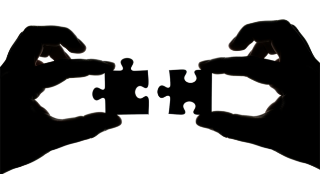 Silhouette hands holding puzzle pieces, preparing to connect them, teamwork concept.