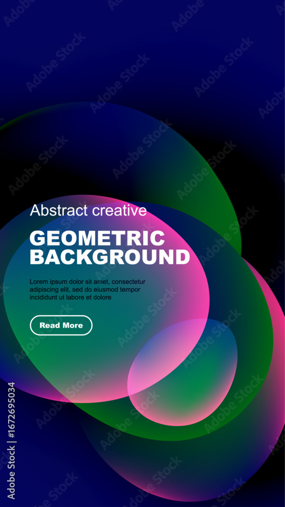 Poster abstract geometric background features vibrant overlapping shapes, text, button. dark backdrop enhan