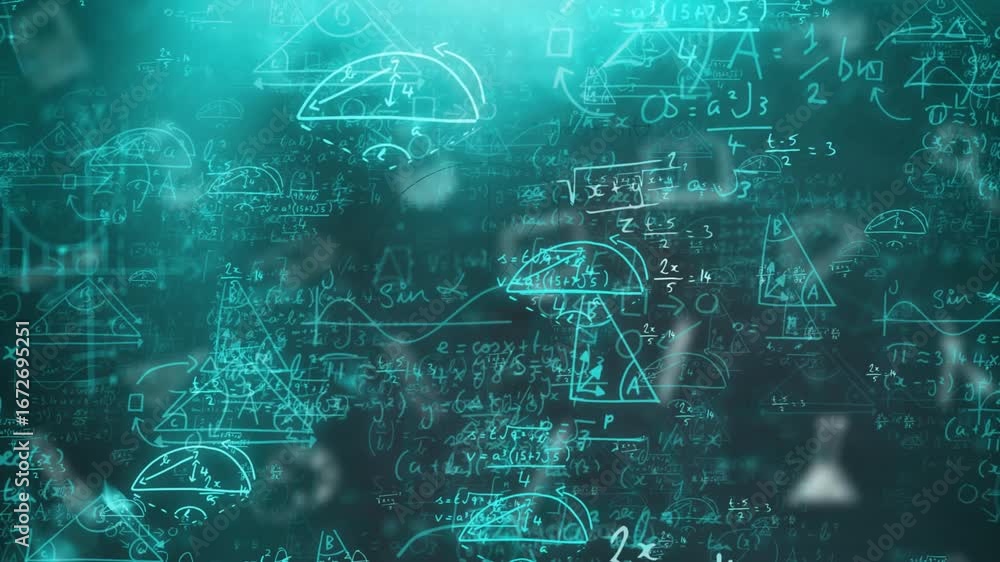 Poster turquoise haze drifting from left starting math formulas panning with flares sweeping for charting