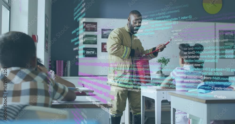 Poster firefighter teaching placing extinguisher then using stylus and expanding code overlay in class