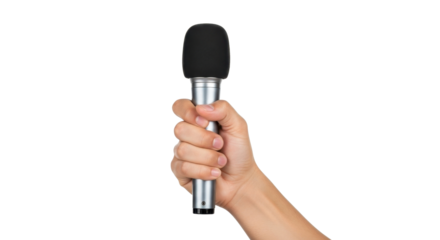 A hand firmly grips a silver microphone with a black foam cover, isolated on white.