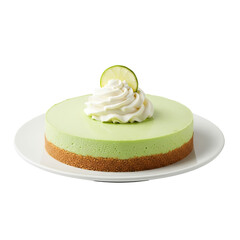 Key lime cheesecake sits on a plate, garnished with whipped cream and a slice of lime.