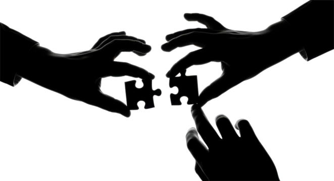 Silhouetted hands connecting puzzle pieces, symbolizing teamwork and collaboration.