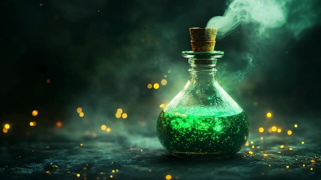 A green potion swirling enchantingly mystical smoke in an elegantly crafted glass bottle, creates an immersive magical atmosphere, reminiscent of a fantastical elixir from a dreamlike fairy tale world