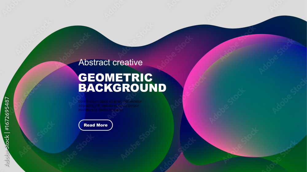 Poster abstract design features colorful overlapping shapes, text, button on dark background. modern, vibra