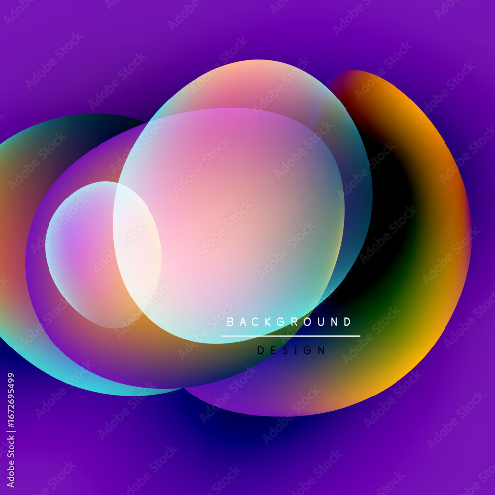 Poster abstract circles overlap, creating vibrant color gradients. purple background enhances visual depth,