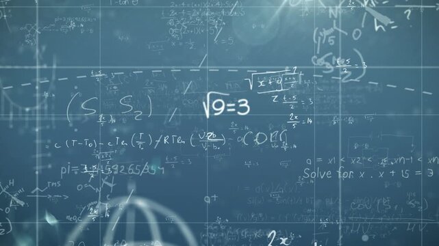 Deep blue grid showing equations, arc sweeping, diagrams appearing, visualizing formula progression