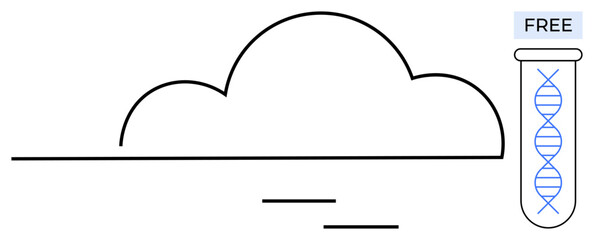 DNA strand in test tube labeled Free next to minimalist cloud. Ideal for technology, data storage, genetics, biotechnology, innovation, cloud computing, research. Simple flat metaphor