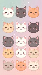 Cute cartoon cat faces in various colors, arranged in a grid pattern, against a soft pastel background.