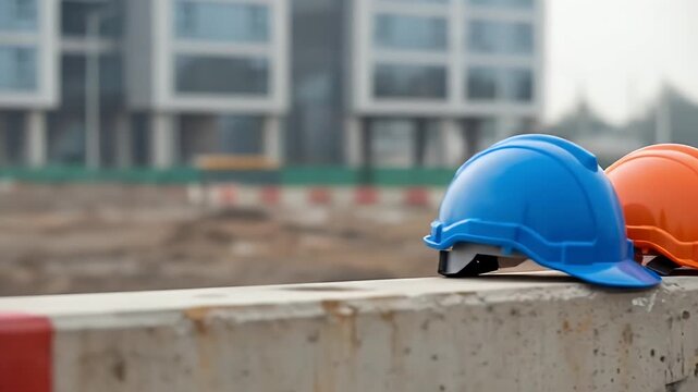 Three hard hats on a concrete barrier at a construction site