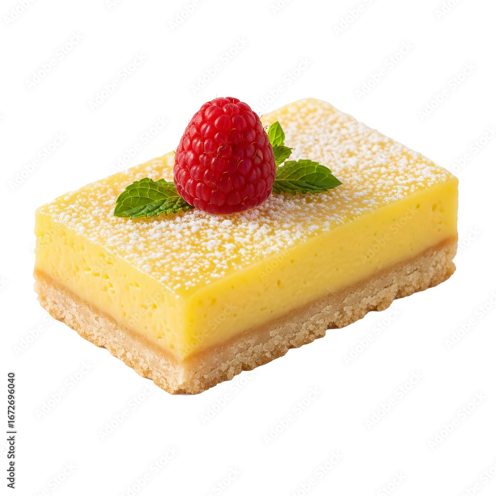 Poster lemon bar is topped with a fresh raspberry and mint leaves dusted with powdered sugar on a shortbrea