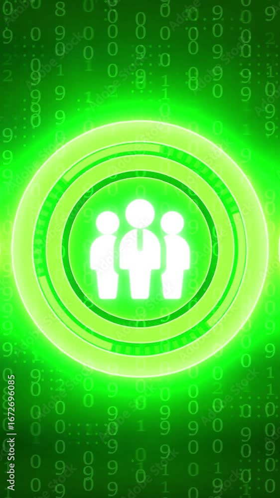 Poster green neon people icon with digital binary code background vertical business teamwork