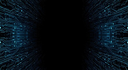 Cybernetic Nexus: A mesmerizing perspective of a futuristic computer circuit, bathed in cool blue hues, stretches towards an infinite darkness, hinting at the vastness of digital technology.