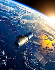 A space station with solar panels orbits the Earth as the sun rises, showcasing a breathtaking view of our planet from above.