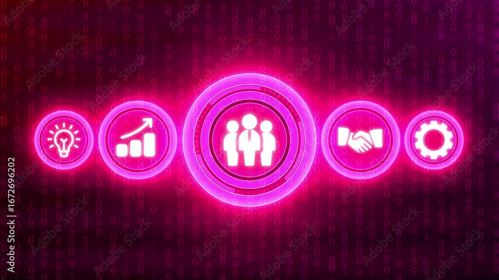 Poster pink neon business icons with digital binary code background success growth