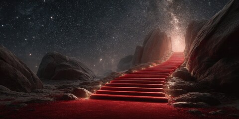Staircase of red carpet leading into a starry night sky with cosmic elements in a mystical landscape setting