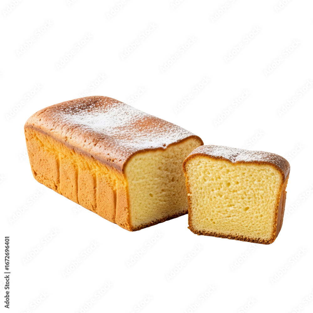 Poster loaf cake is displayed with a slice, dusted with powdered sugar against a isolated background.