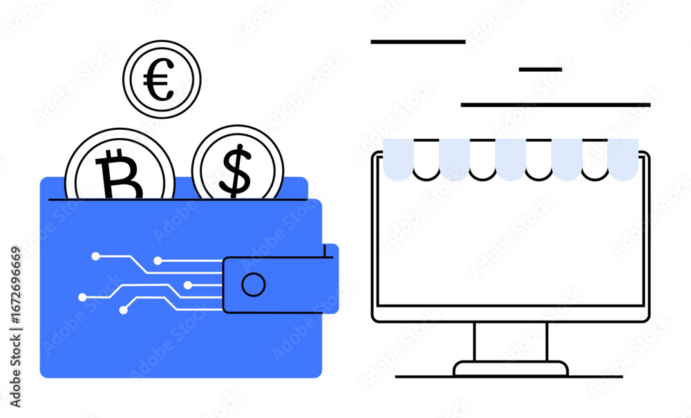 Poster digital wallet with bitcoin, euro, and dollar coins beside a computer screen with an awning pattern.
