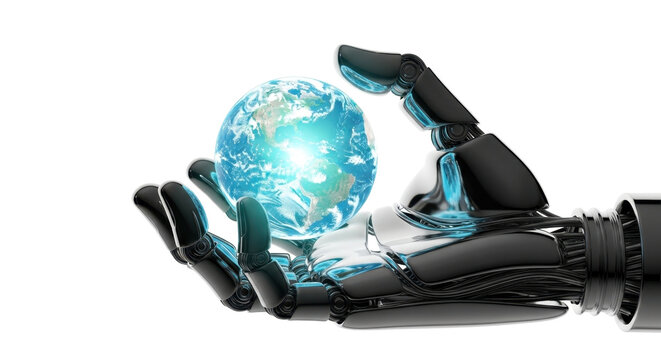 A robotic hand gently cradles a glowing, digital Earth, symbolizing technological advancement and global connectivity.