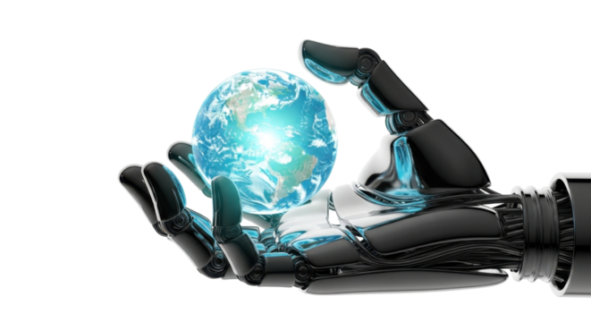A robotic hand gently cradles a glowing, digital Earth, symbolizing technological advancement and global connectivity.