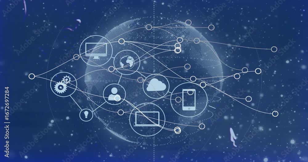 Poster initiating blue background with data, animating icons linking wireframe earth showing data network