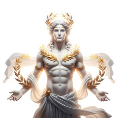 Fototapeta premium Marble statue of a man stands adorned with golden laurel leaves and flowing drapery against a isolated background.