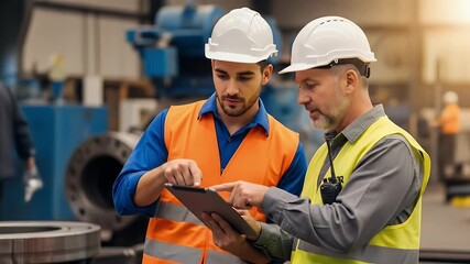 Two male workers in hard hats and highvisibility vests reviewing a tablet in a factory - Powered by Adobe