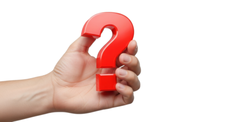 A hand holding a bright red question mark against a plain white background.