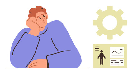Pensive person resting head on hand near gear and data visualization chart, suggesting analysis, planning, personal development, reflection, decision-making, productivity, teamwork. Ideal