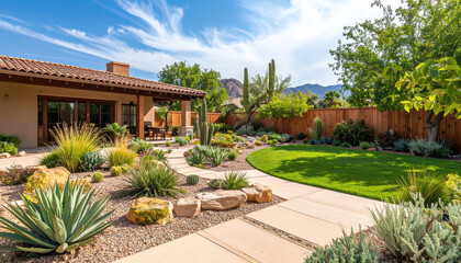 Desert landscape xeriscape backyard modern house green lawn stone path agave cactus mountain view sunny peaceful outdoor living