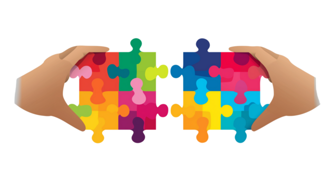 Hands assembling colorful puzzle pieces. Concept of teamwork, problem-solving, and collaboration.  Isolated on transparent background, png