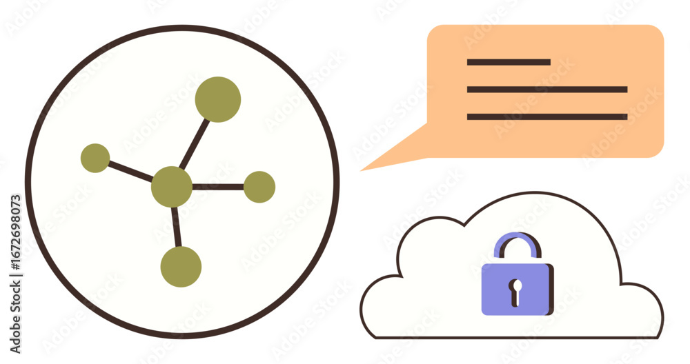 Poster connected node diagram, speech bubble, and cloud with lock highlight data sharing, protection, and c