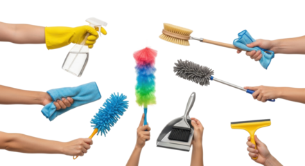 Multiple hands holding various cleaning tools, including a spray bottle, duster, sponge, squeegee, and microfiber cloths, against a white background.