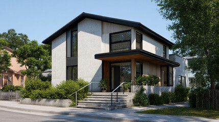 Fototapeta premium Modern two-story house with a flat roof, large windows, and a landscaped front yard. The exterior features a mix of concrete and wood elements.