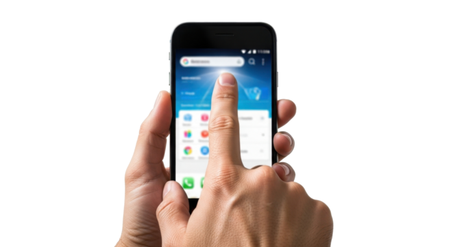 A hand interacts with a smartphone screen, touching the search bar on a colorful interface.