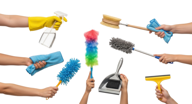 Multiple hands holding various cleaning tools, including a spray bottle, duster, sponge, squeegee, and microfiber cloths, against a white background.