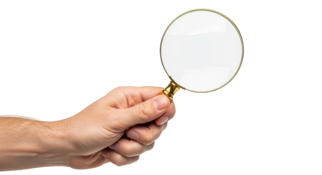 A hand holds a magnifying glass against a white background.