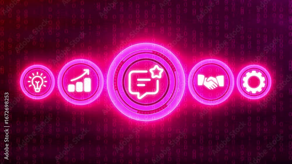 Poster glowing neon icons representing business growth strategy and success on digital data background imag