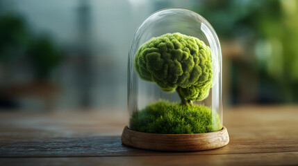 Metaphorical visual glass dome with brain-shaped moss for sustainability campaigns, eco-conscious education, and mental health articles, with natural light and wooden surface in neutral green tones.