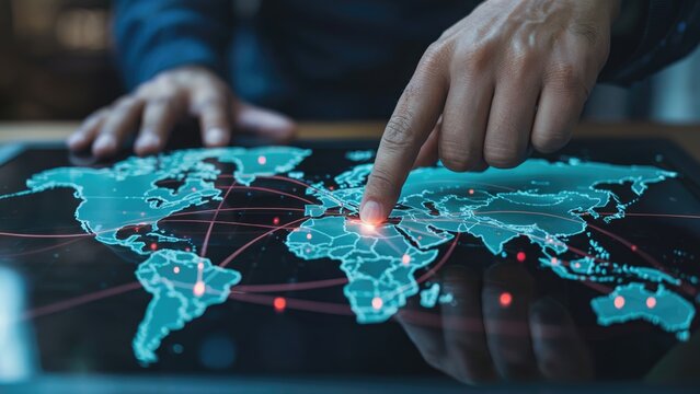 Global business expansion concept with finger pointing to Africa on digital world map technology interface - Powered by Adobe