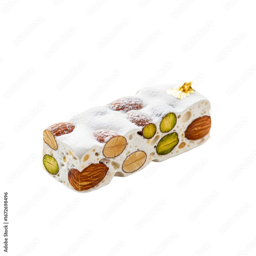 Poster nougat candy bar features almonds and pistachios with a dusting of powdered sugar, displayed against