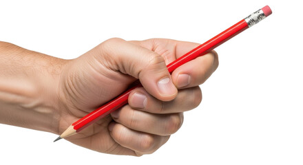 A hand holds a red pencil with an eraser on a white background.