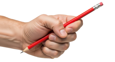 A hand holds a red pencil with an eraser on a white background.