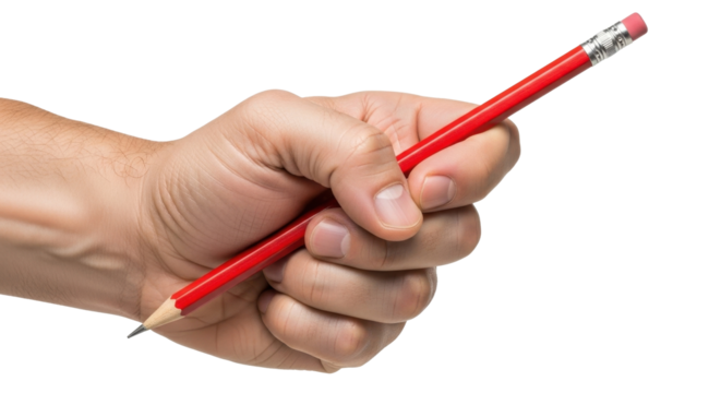 A hand holds a red pencil with an eraser on a white background.