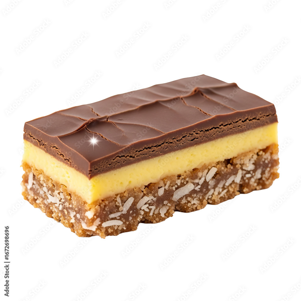 Poster Nanaimo bar features chocolate ganache over custard filling with coconut graham cracker base.
