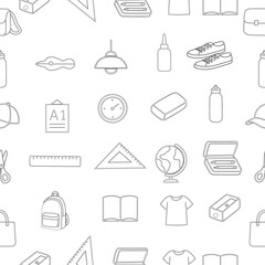 Fototapeta premium Hand Drawn School and Education seamless pattern. hand drawn stationery design for back to school concept on seamless pattern banner background.hand drawn School Supplies element set. Study Supplies. 