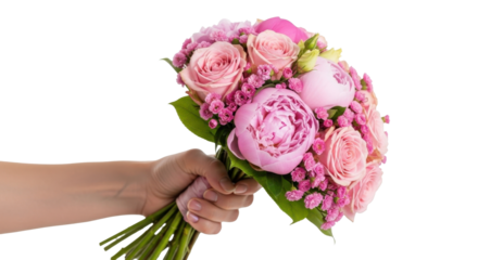 A hand delicately holds a vibrant bouquet of pink roses and peonies, showcasing a beautiful floral arrangement.