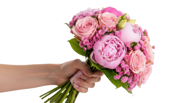 A hand delicately holds a vibrant bouquet of pink roses and peonies, showcasing a beautiful floral arrangement. - Powered by Adobe