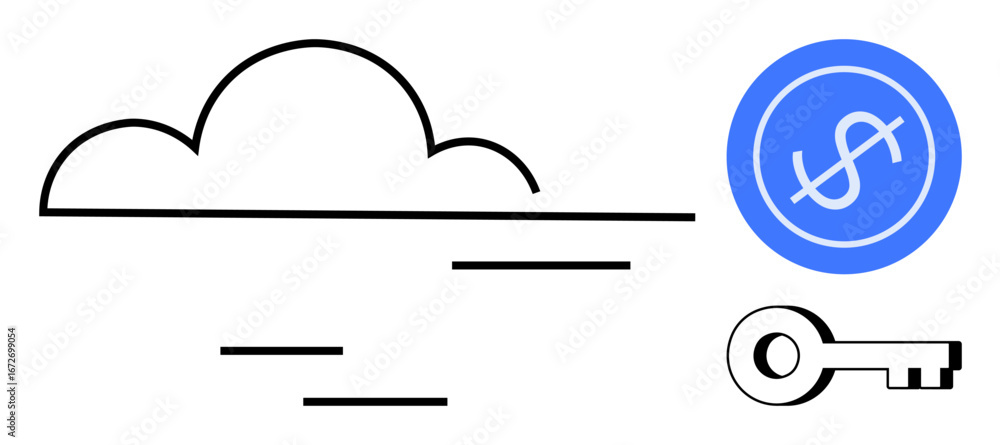 Poster minimalist cloud design paired with key and circle containing dollar symbol. ideal for cloud service