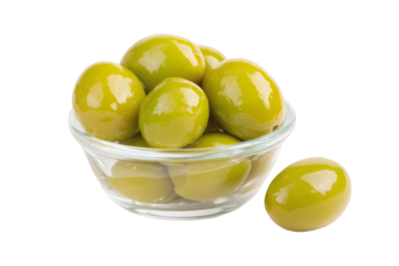 Fresh green olives fill a glass bowl, perfect for appetizers and Mediterranean cuisine
